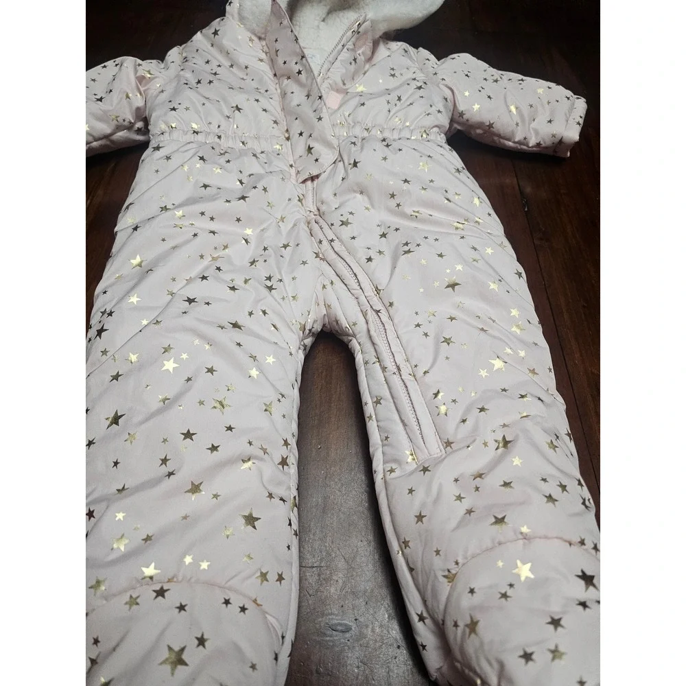 The Children's Place Baby Girl Pink Gold Stars Puffer Snowsuit Winter Warm‎ 6-9M